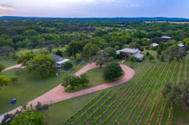 Large panoramic overhead view of vineyards and houses in rolling green hills.