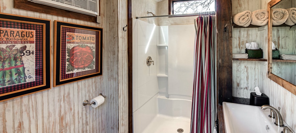 A bathroom shower and bathtub area with a shower curtain, towels, and artwork on the walls.