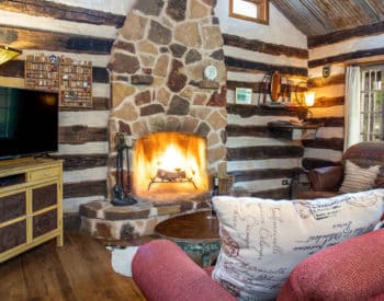 Living room with wood floors, burning fire in brick stack, mauve coach, wooden walls, flat tv on pine stand in corner with lamp behind