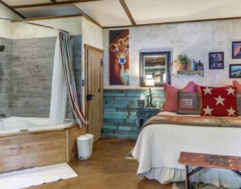 Country style bedroom with a bed and corner tub.